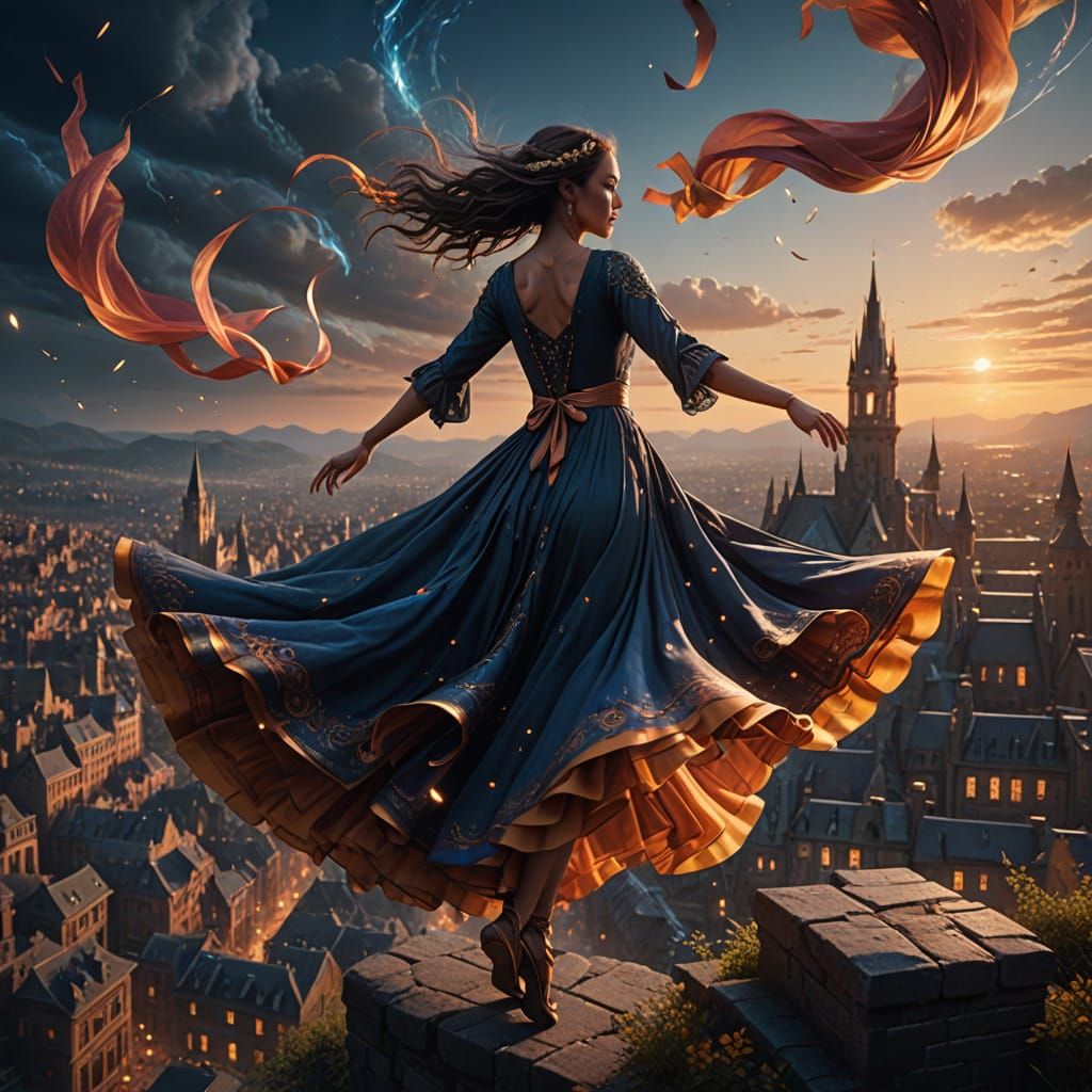 Graceful Dancer Spins Above Glowing City as Matte Painting
