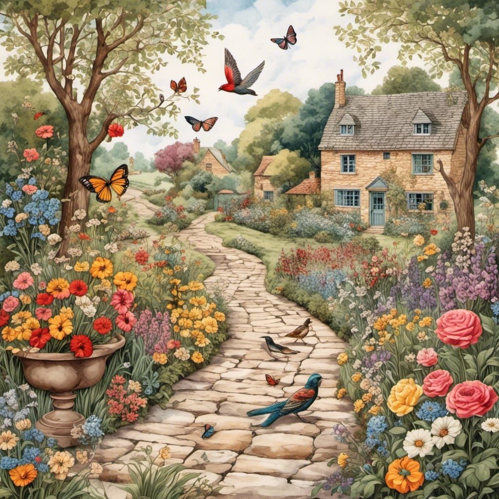 Quilted English Garden Scene with Flowers and Birds