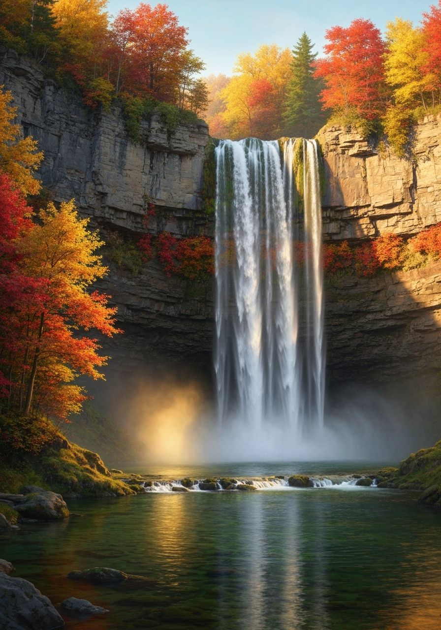 Majestic Autumn Waterfall in Golden Light