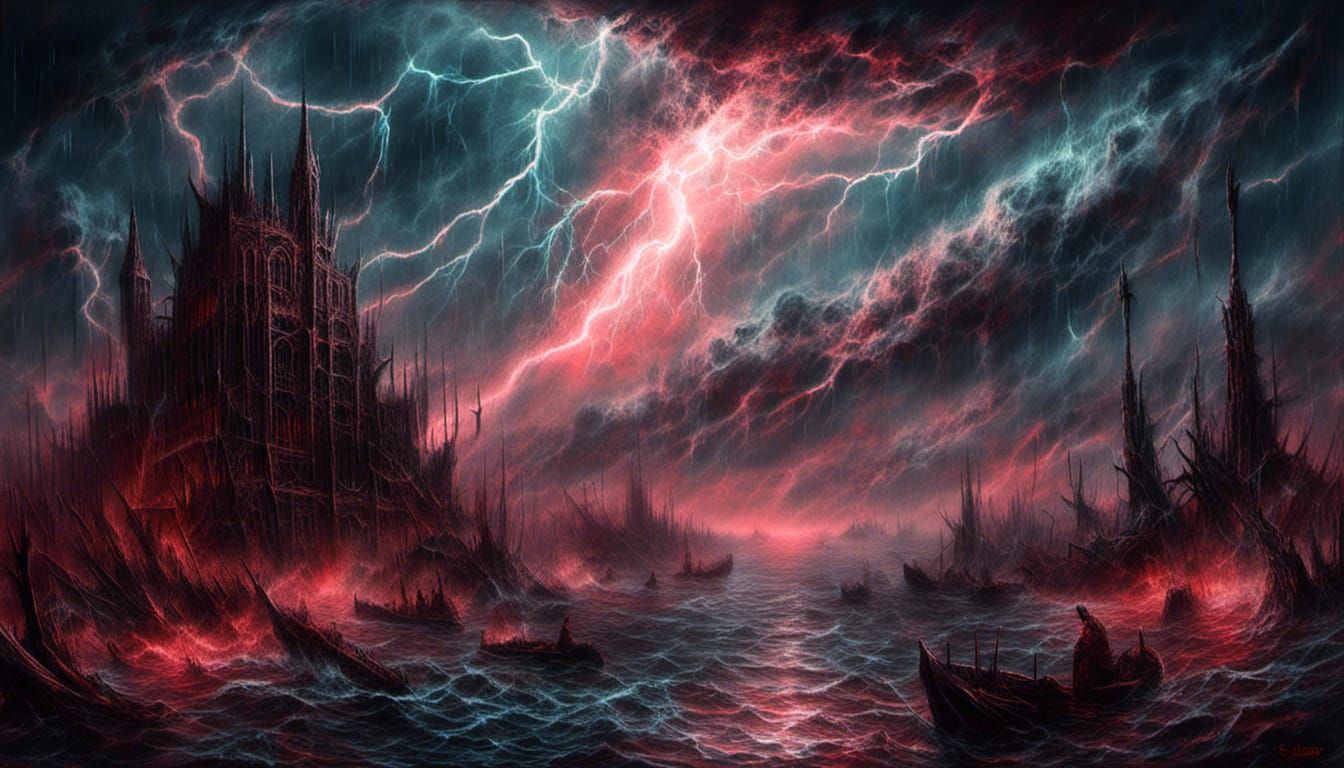 Cosmic Lovecraftian Landscape with Electrical Storm