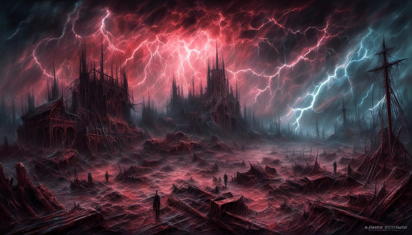 Cosmic Lovecraftian Landscape with Electrical Storm