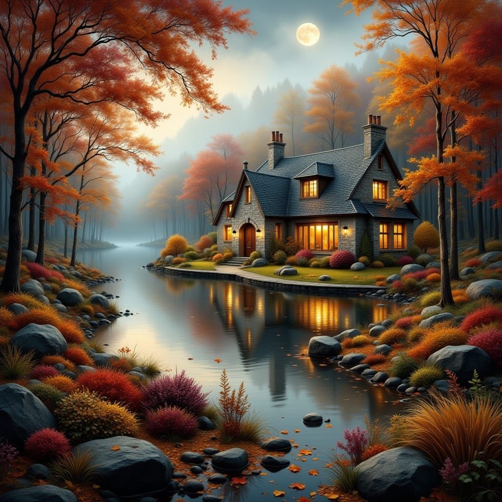 Quilled Autumn Forest Cottage with Full Moon
