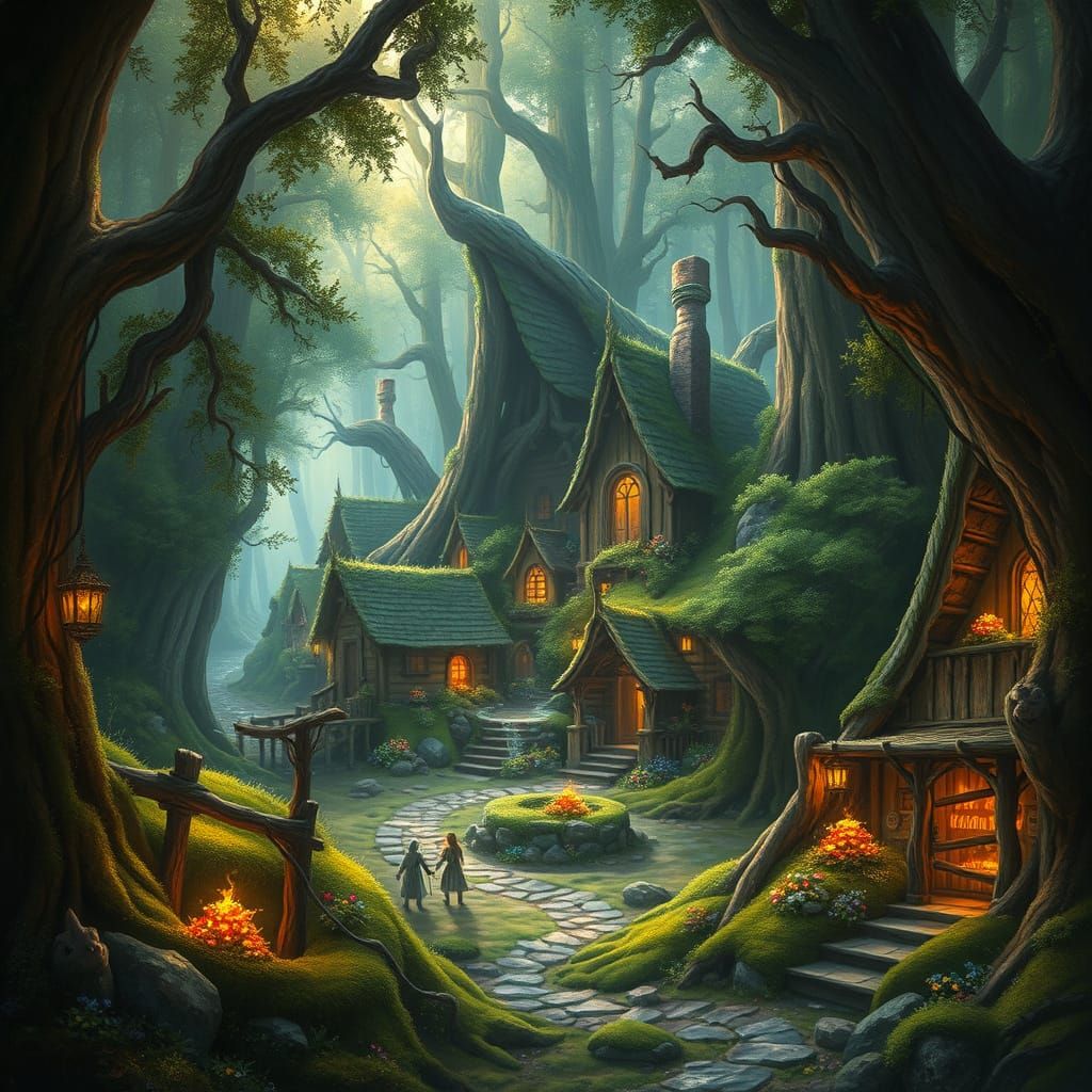 Enchanting Elven Village Painting with Woodland Creatures an...