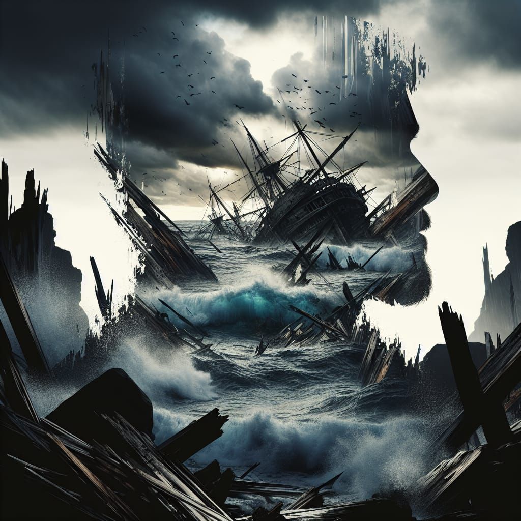 Distorted Shipwreck in Dark Coastal Landscape