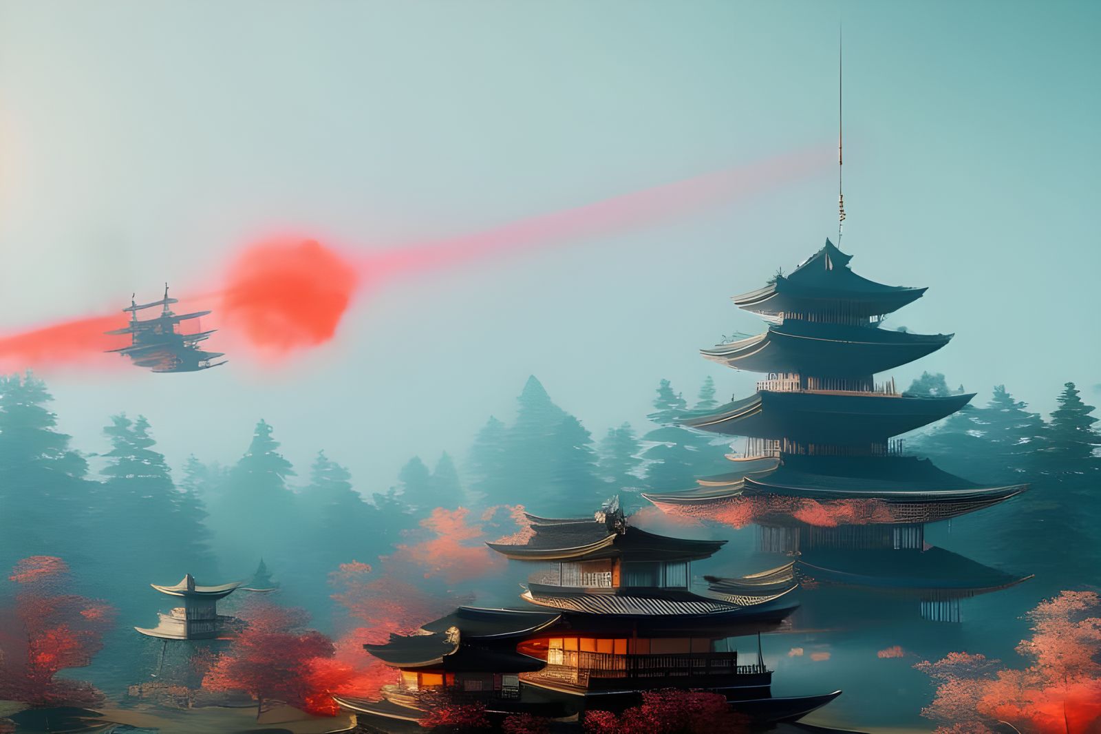 Japanese Airship over Fiery Landscape in Hyperrealism