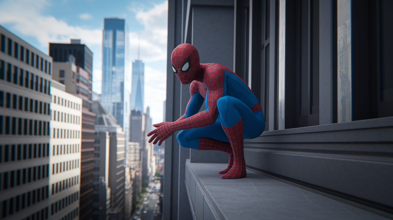 Spider-Man on Ledge, Photorealistic Comic Art
