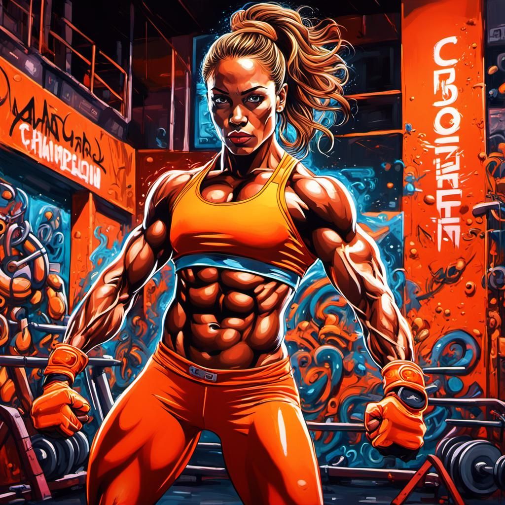 Powerful Woman Bodybuilder in Neon City Gym