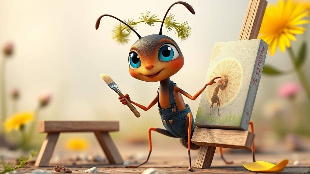 Whimsical Artist Ant at Work in 3D Realism