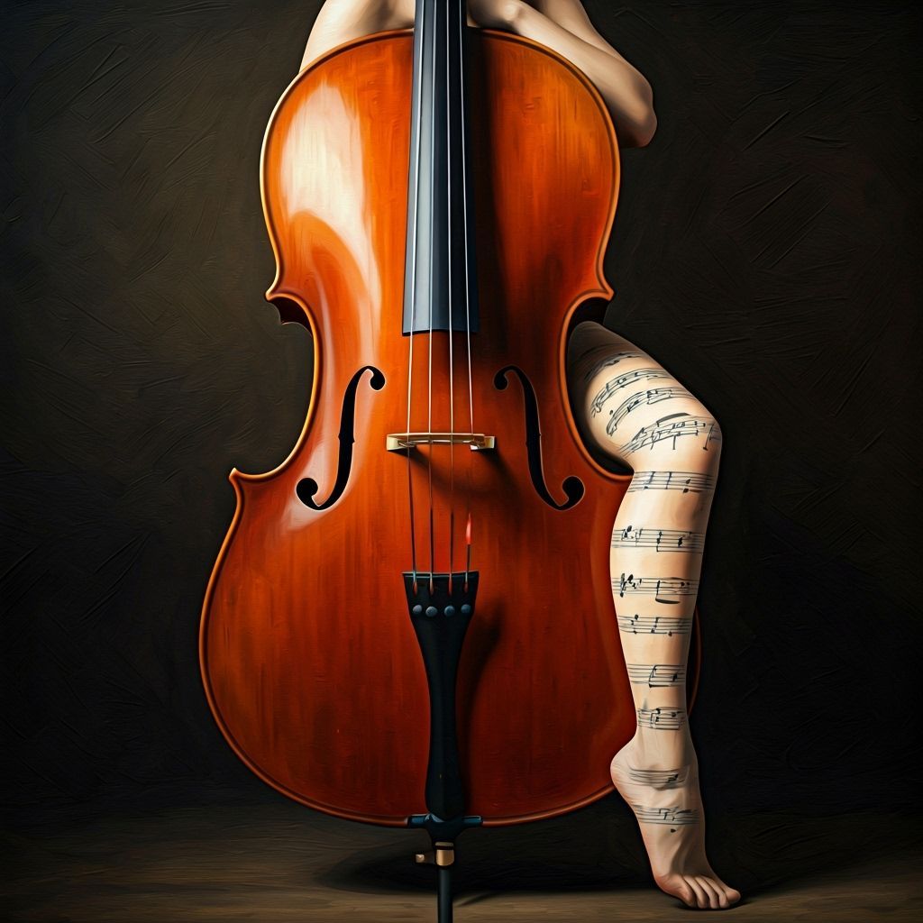 Surreal Cello Embrace: Musical Legs Protect Instrument