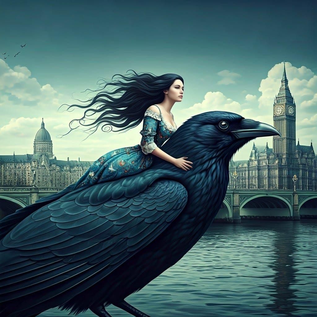 Woman on Crow Over London in Surreal Style