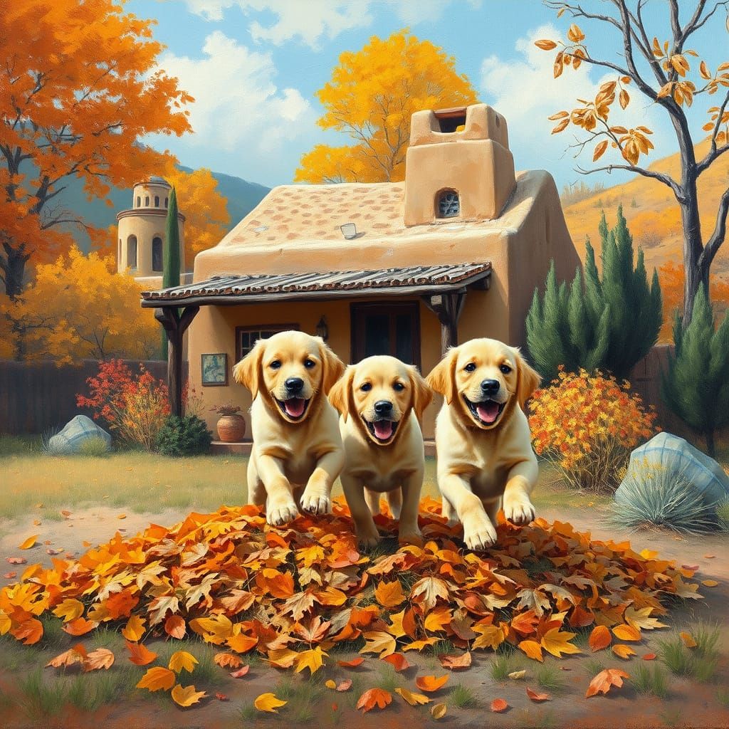 Autumn Scene With Two Golden Retriever Puppies