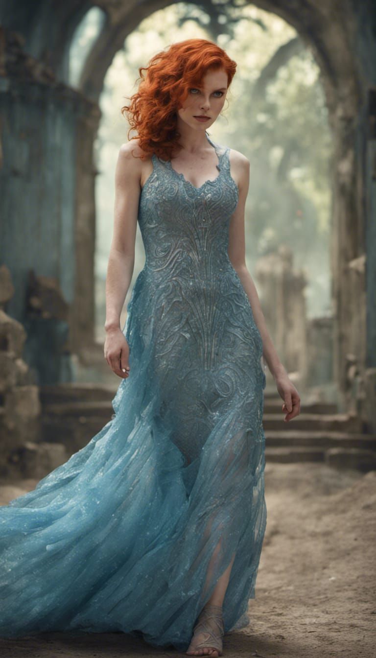 Redhead in Azure Crystal Dress Walking Forward