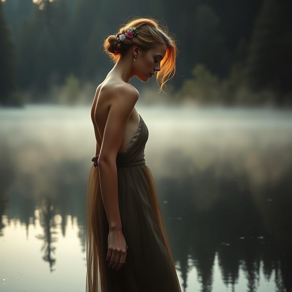 Ethereal Woman at Dawn on Forest Lake