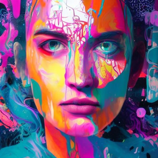 Woman in Space Surrounded by Swirling Text