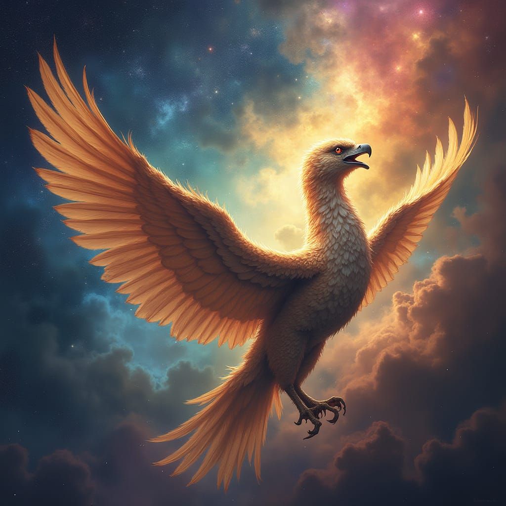 Majestic Griffin Soars Through Cosmic Nebula in Fantasy Styl...