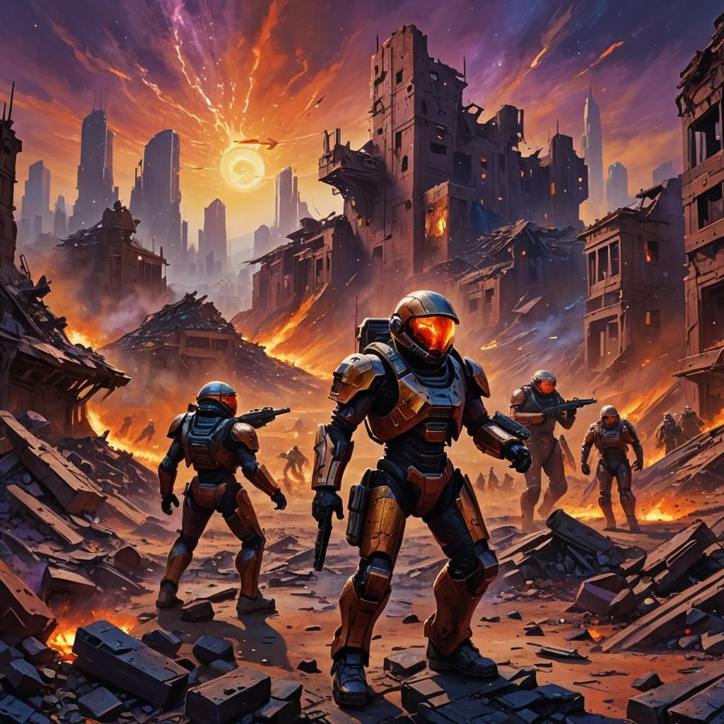 Martian Soldiers Clash in Dystopian Cityscape