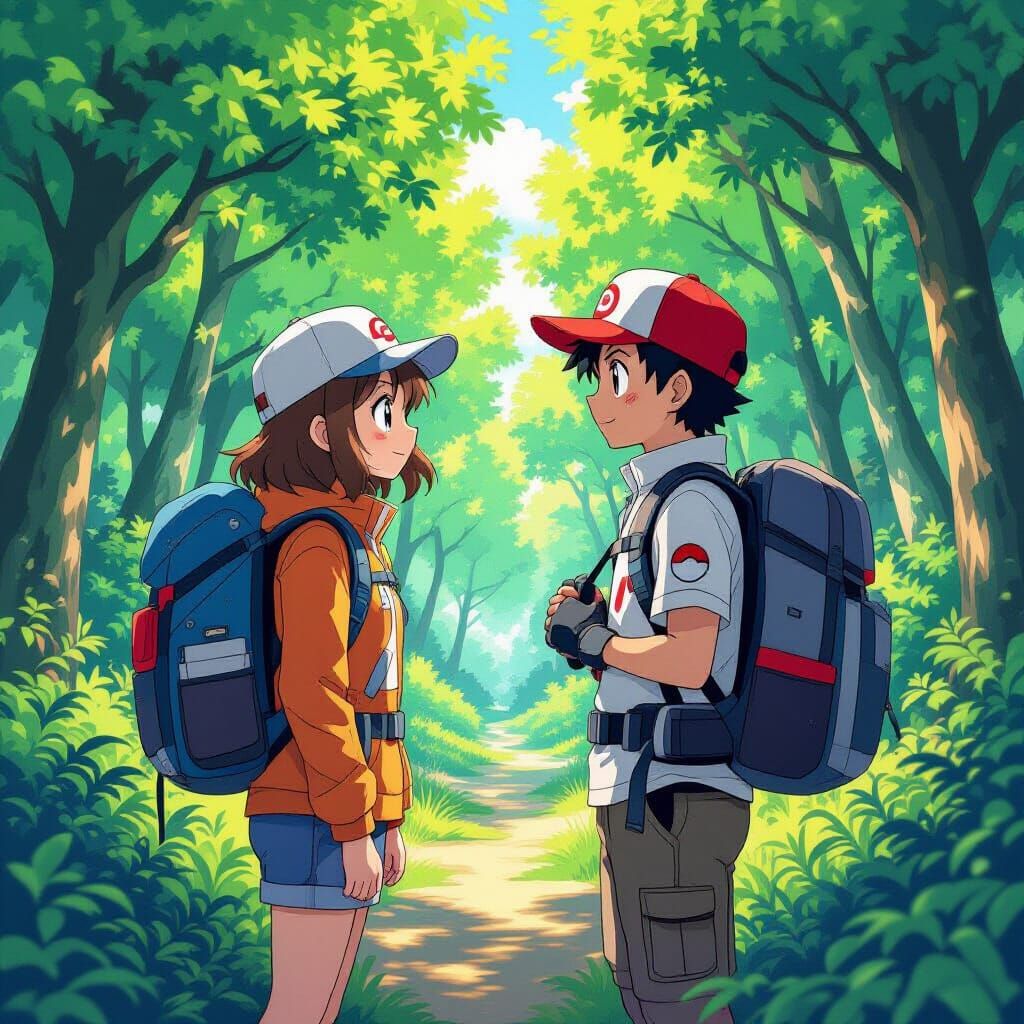 Pokemon Trainer Exploring Lush Forest: Anime Style