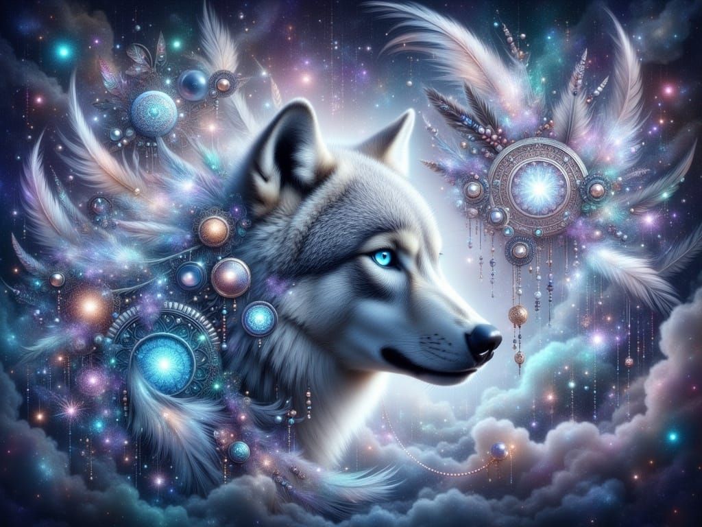 Silver Wolf in Cosmic Dreamscape with Shimmering Starlight F...