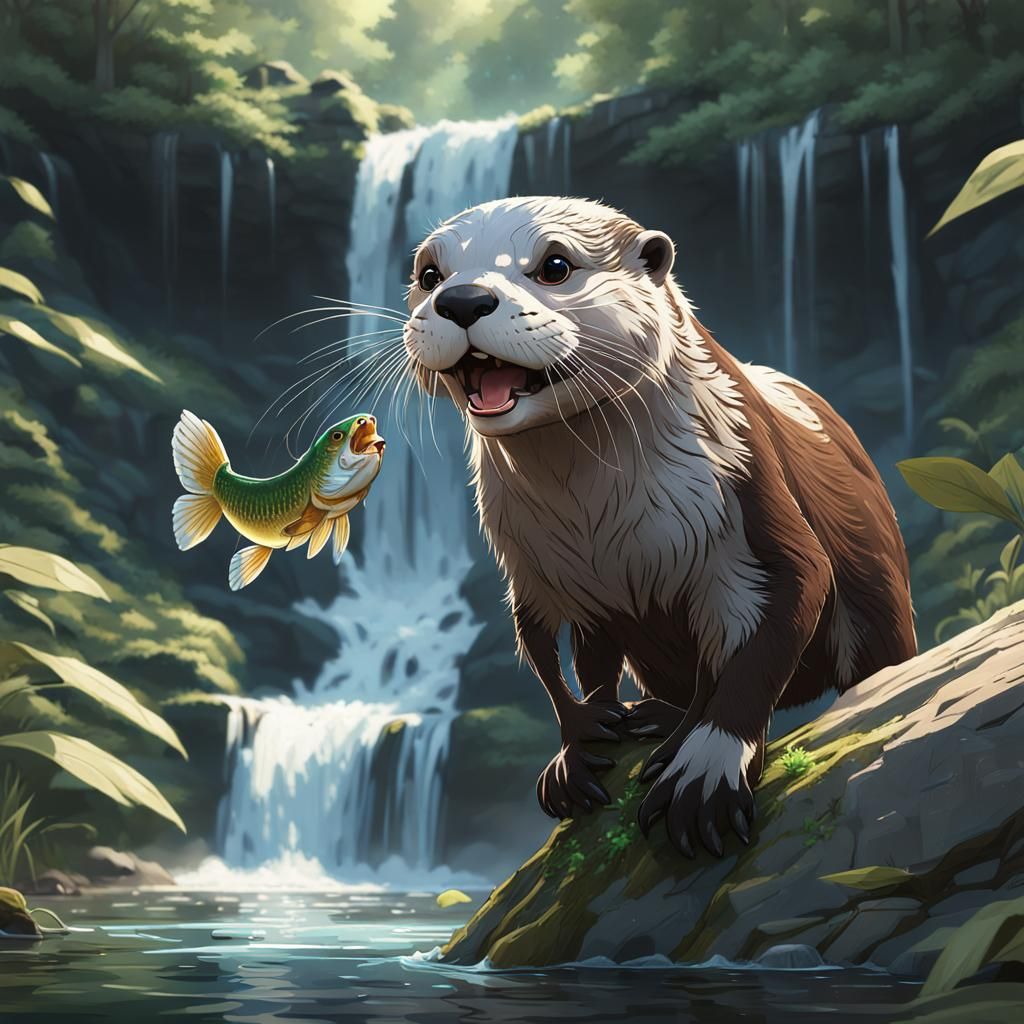 Otter with Fish in Mouth: 3D Anime Art