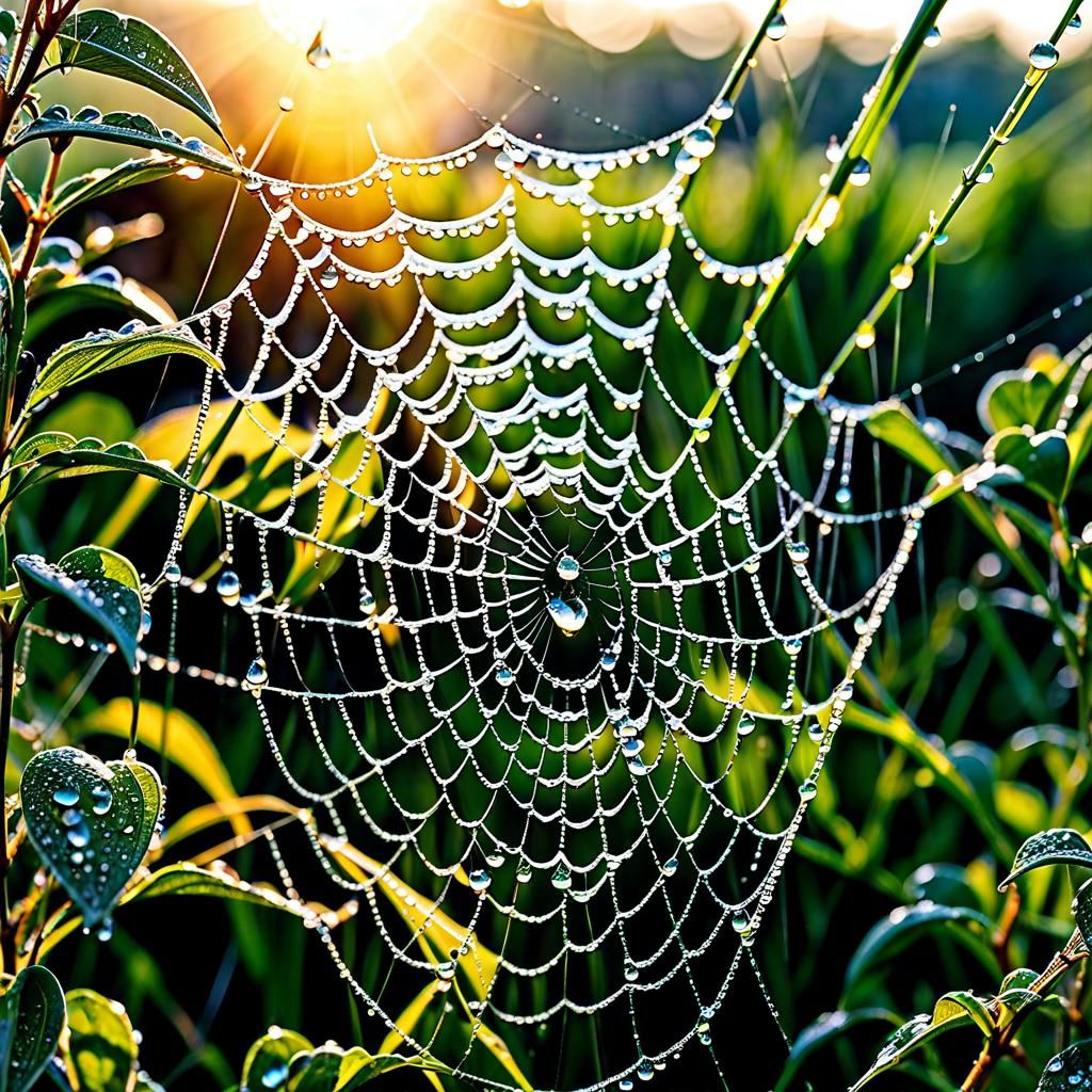 Dew-Kissed Spiderweb in Morning Sunlight