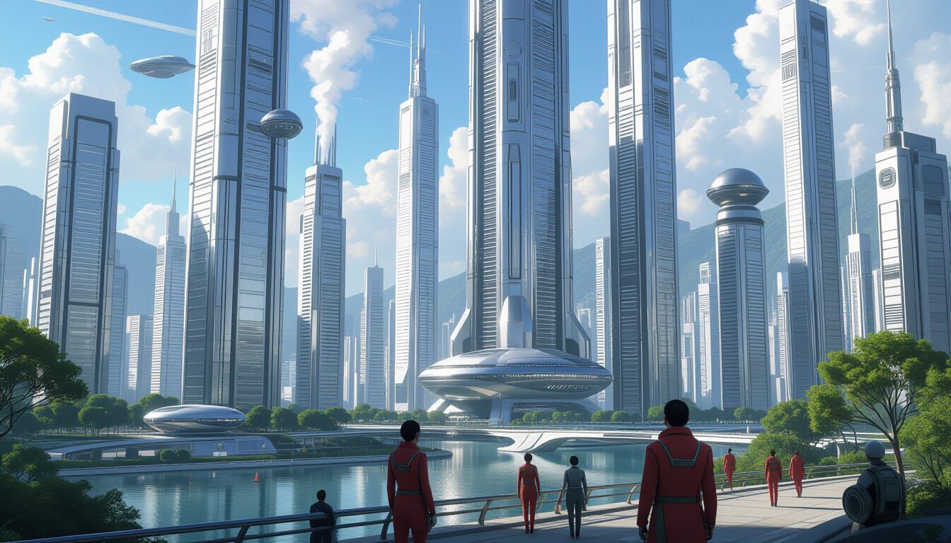 Frutiger Aero Utopian City with Steam-Powered Machinery