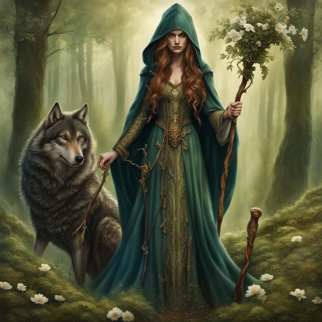 Renaissance Warrior Wizard Woman with Wolf