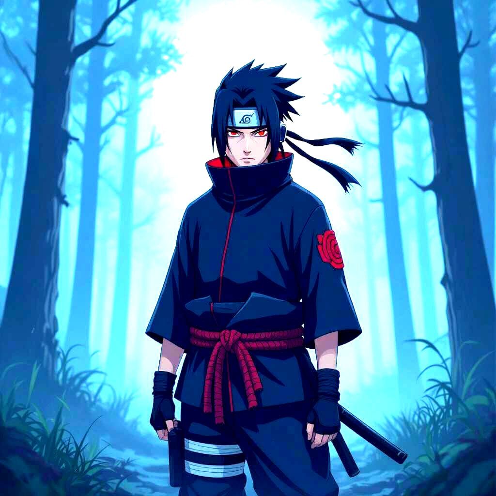 Itachi in Moonlit Forest, Manga Art Style