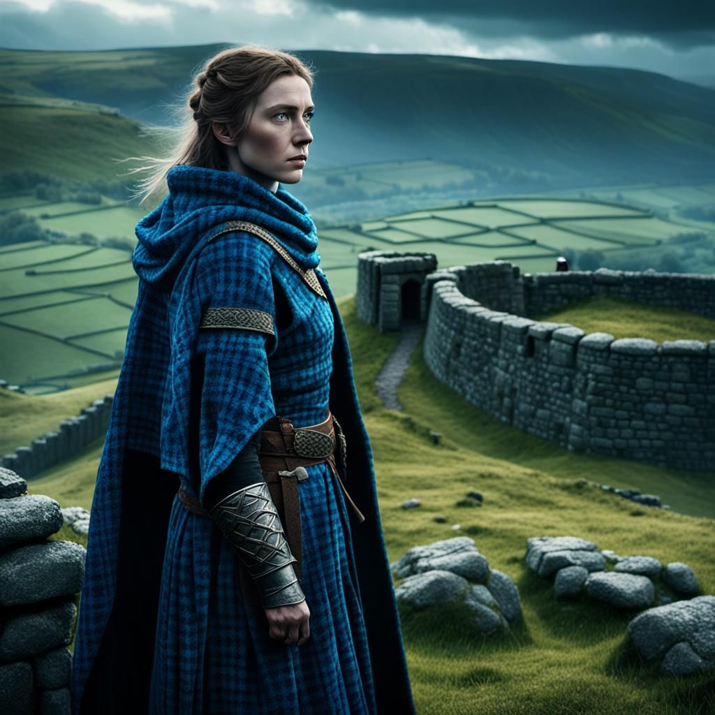 Brigantes Warrior in Blue Cloak, Hyper-Realistic Digital Art