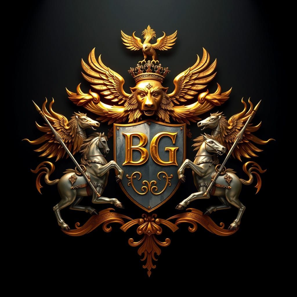 Epic Heraldic Coat of Arms with Regal Bear, Eagle, Horses, a...