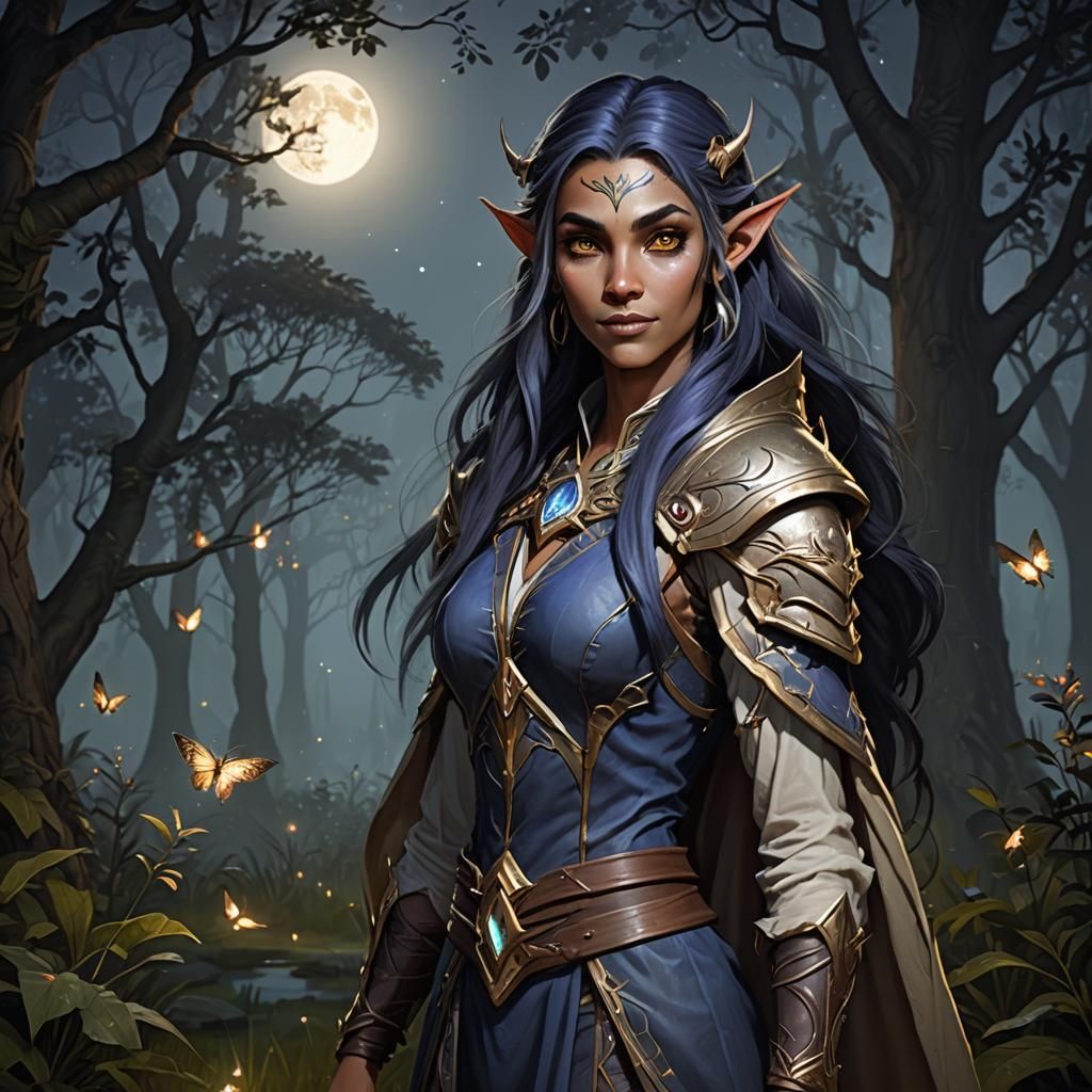 Night Elf in Glade with Fireflies Under Moon