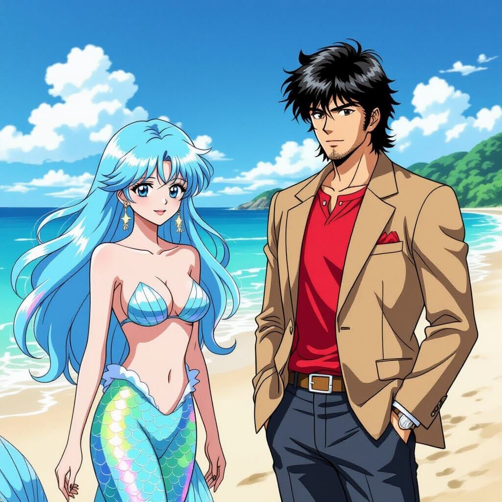 Ryo Saeba & Mermaid on Beach in Anime Style
