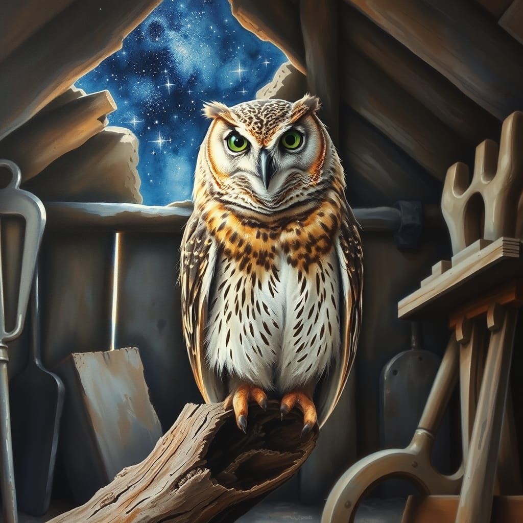 Barn Owl in Gouache Style with Starry Sky