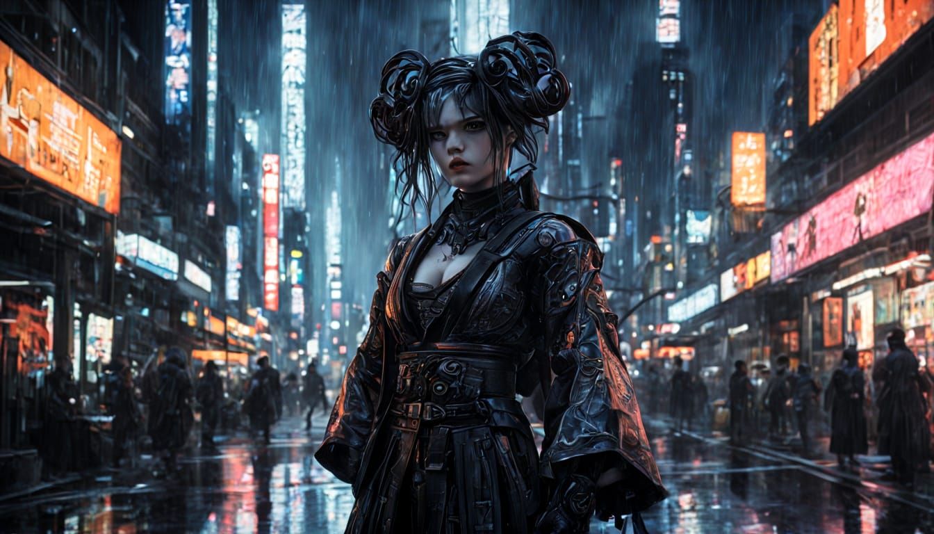 Geisha on Neon Street in Futuristic Tokyo