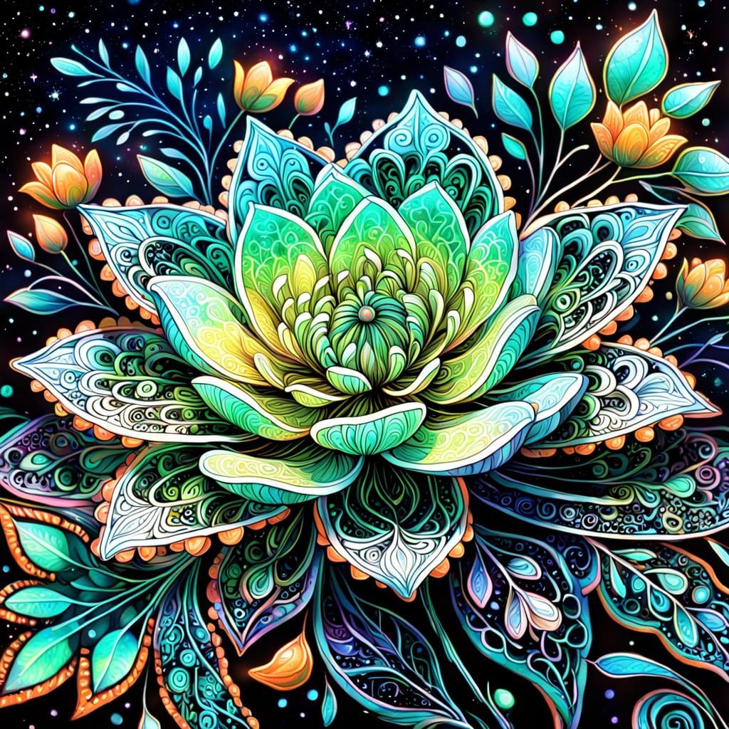 Bioluminescent Flower in Cosmic Zentangle Garden