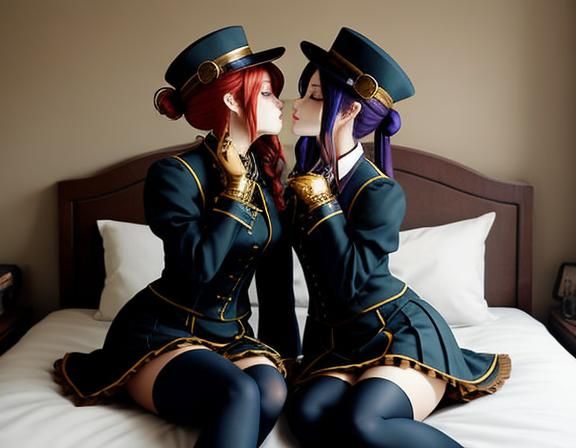Steampunk Anime Twins Kissing in Bedroom