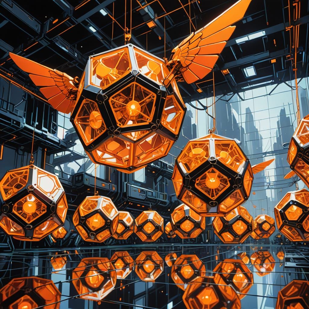 Dodecahedron Structure with Angelic Wings in Digital Art