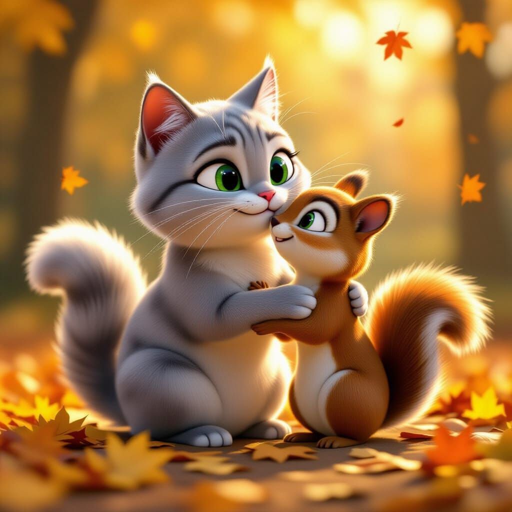 Pixar Style Cat Kisses Squirrel Amidst Autumn Leaves