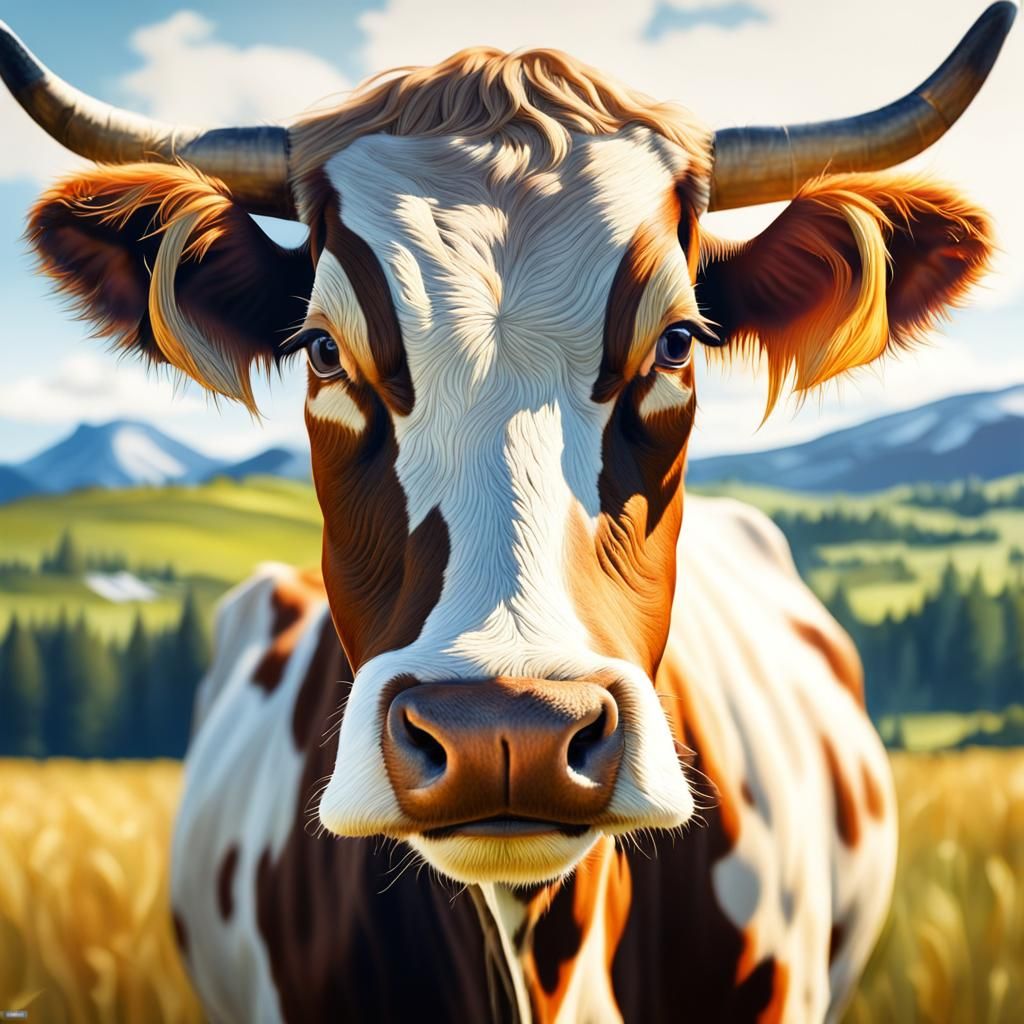 Hyperrealistic Cow Portrait in Watercolor Style