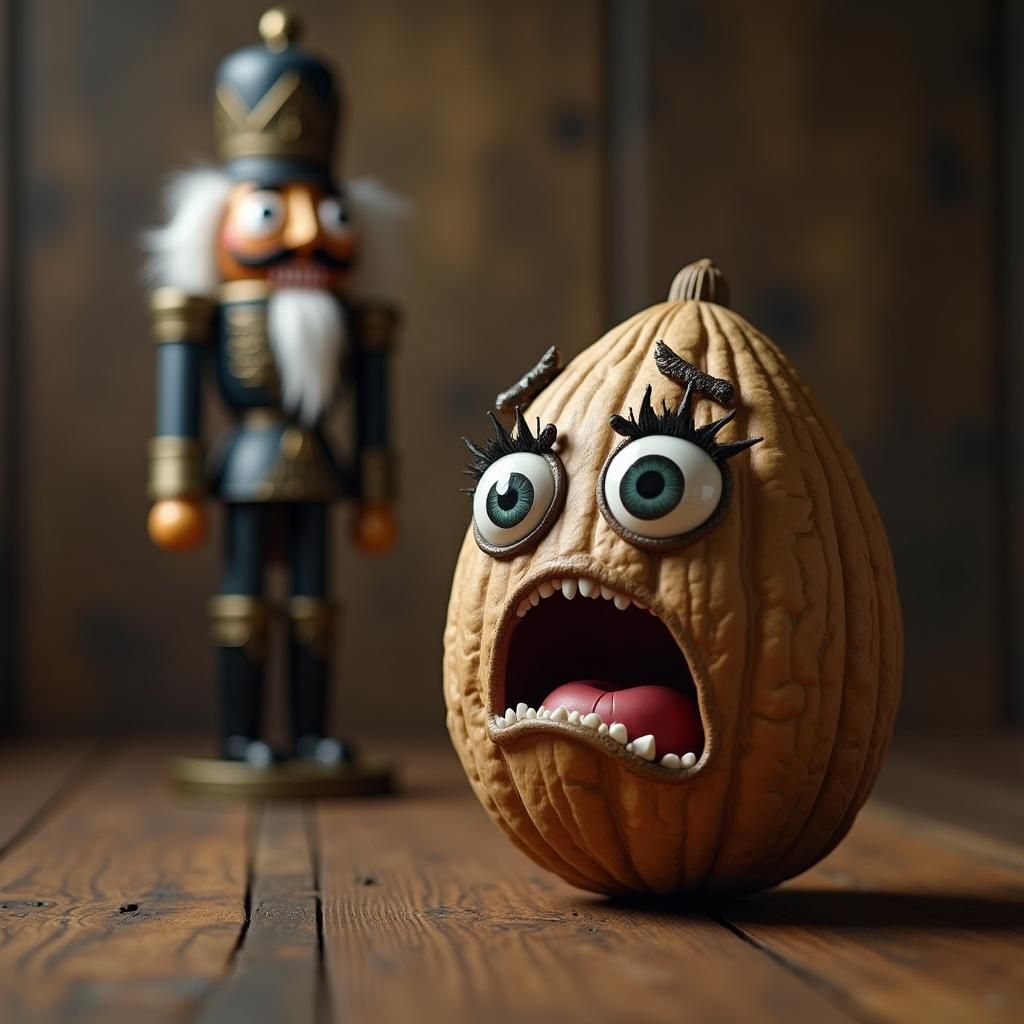 Terrifying Nutcracker and Petrified Walnut in Photorealistic...