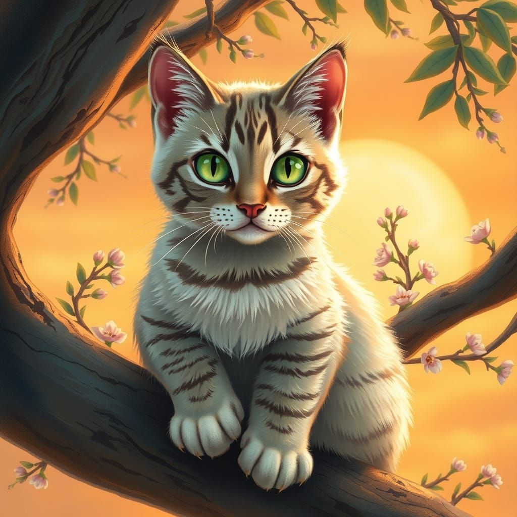 Ethereal Feline in Sunset Tree, Whimsical Watercolor Style
