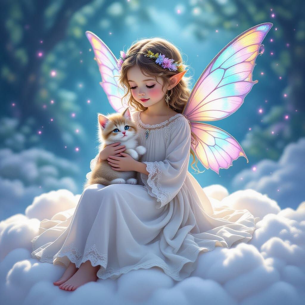 Fantasy Fairy Girl with Kitten on Cloud