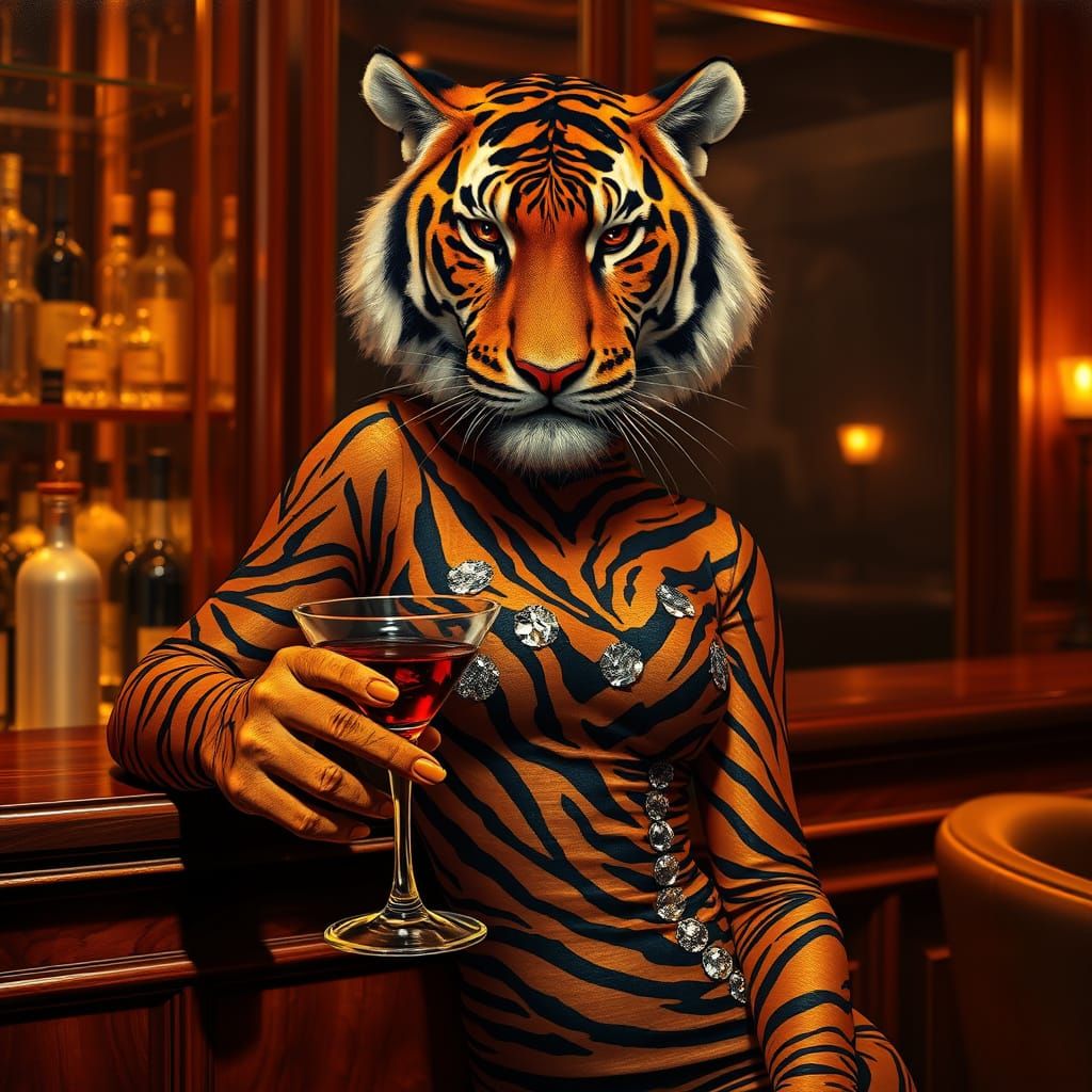 Sultry Tiger Woman in Zebra Print Gown Smirks at Bar