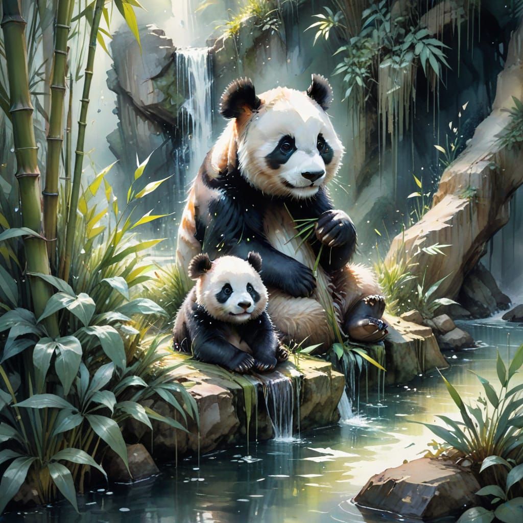 Panda Mother and Baby in Watercolor Style