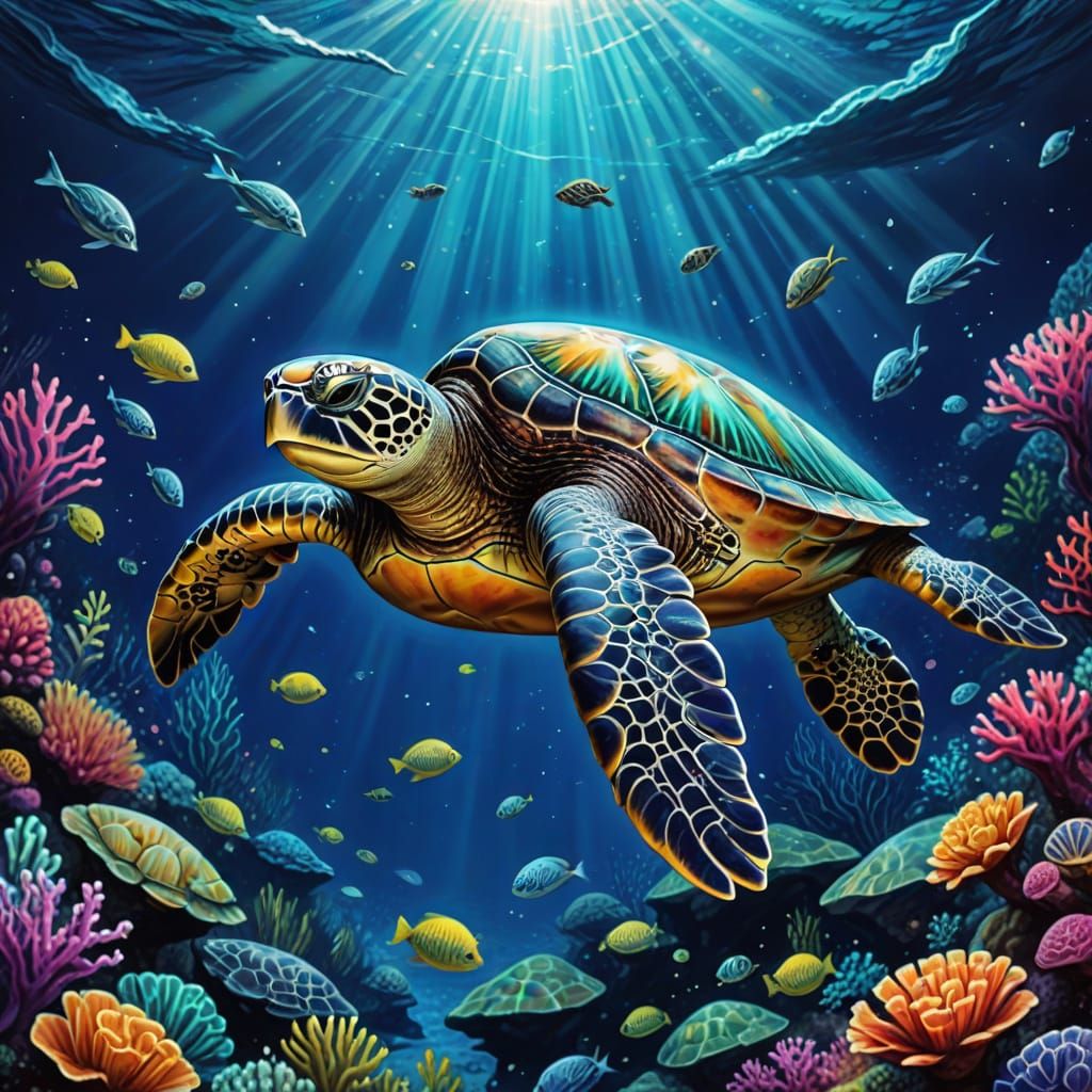 Vibrant Astral Sea Turtle in Cosmic Ocean