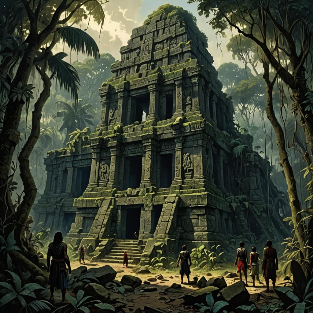 Eerie Mayan Ruins in Dense Jungle, Engraving Style