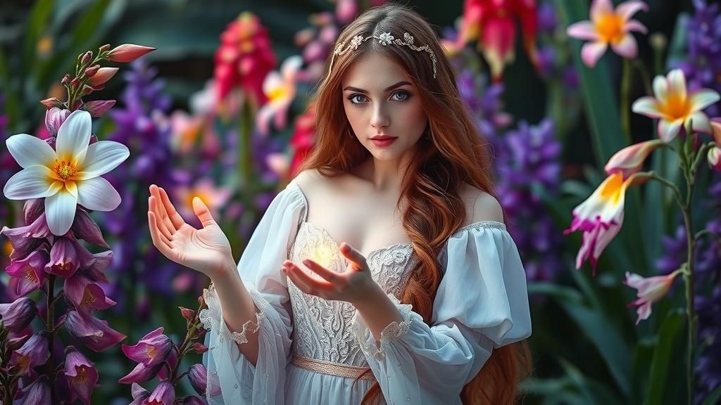 Enchanting Witch in Exotic Flower Garden