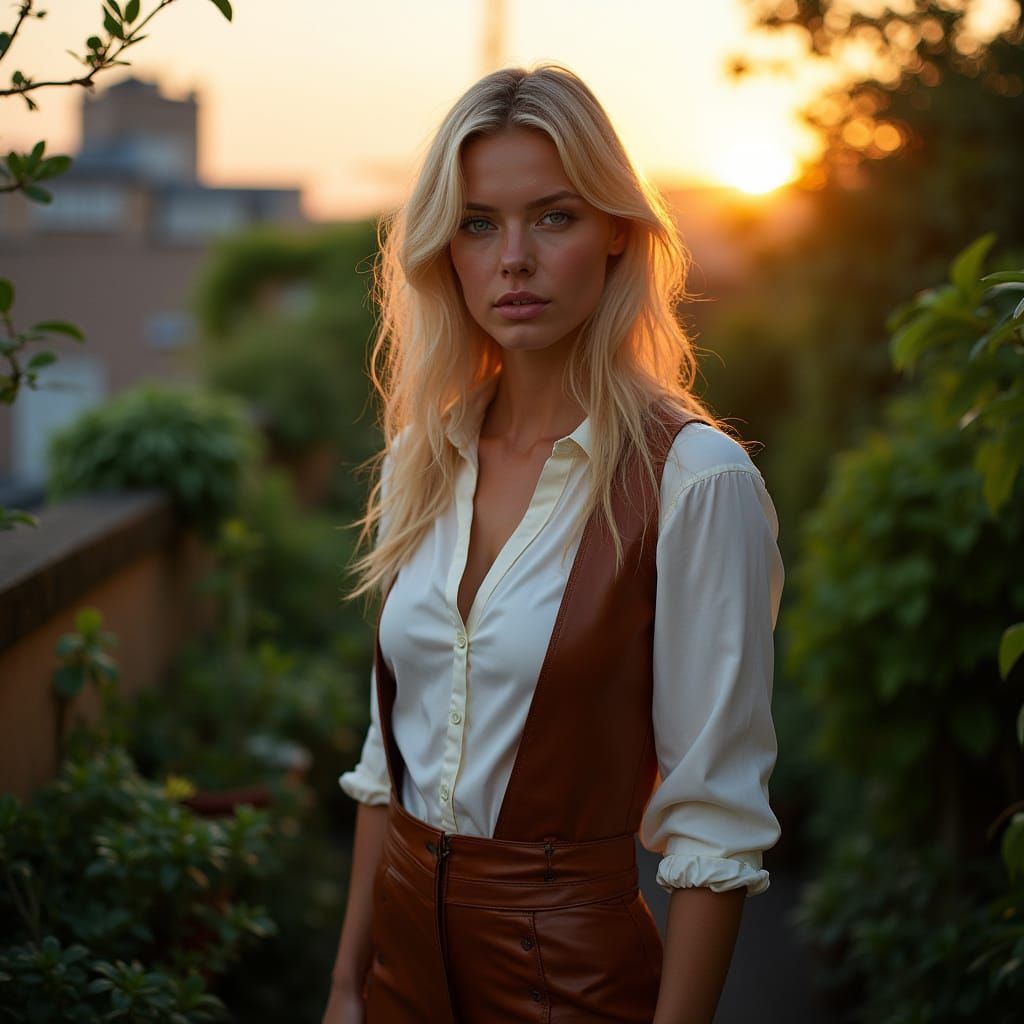 Blonde Woman in Rooftop Garden, Photorealistic Portrait