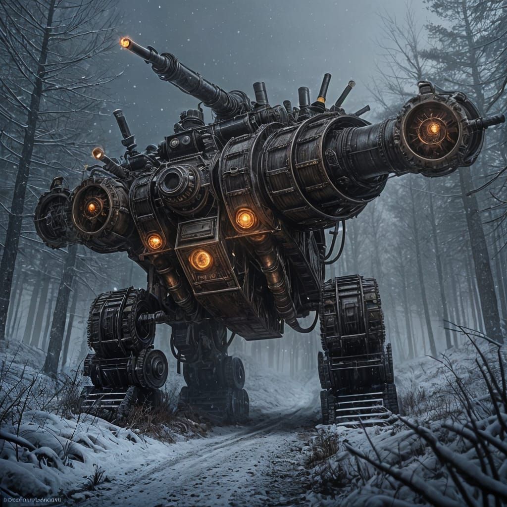 Sinister Steampunk War Machine in Snowy Forest