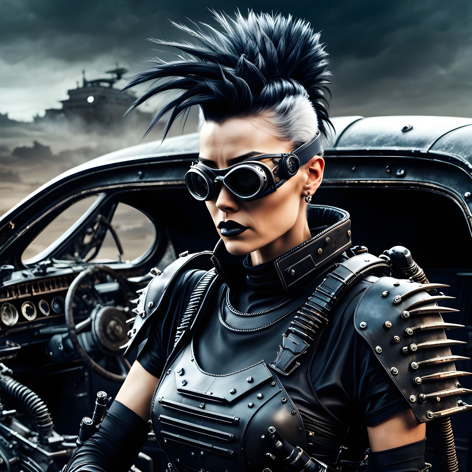 Post-Apocalyptic Warrior Woman with Retro-Tech Car