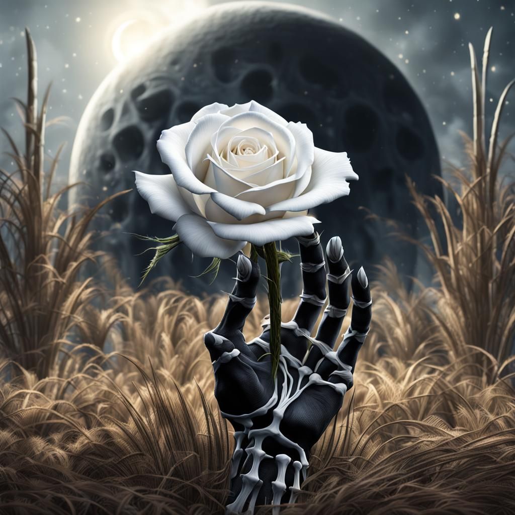 Surreal White Rose Blooms Under Midnight Moonlight